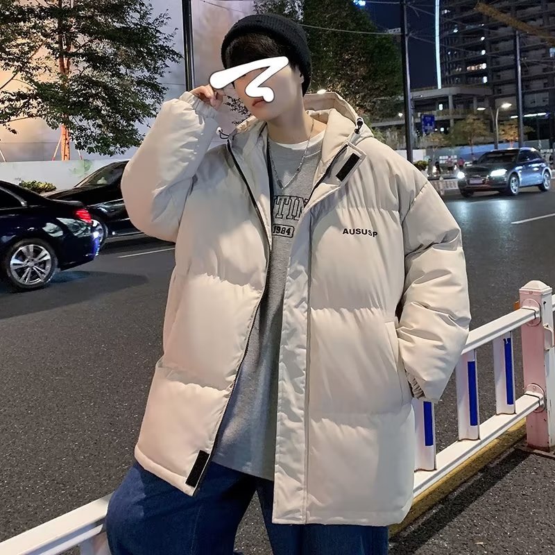 Hong Kong estilo invierno collar engrosada de algodón acolchado abrigo de los hombres de la juventud suelta color sólido impreso marca de moda abrigo de los hombres