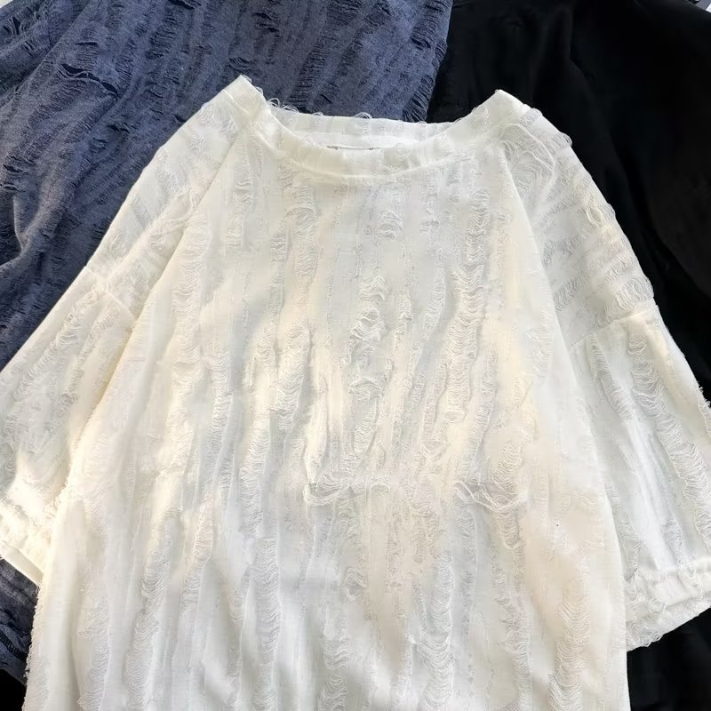 Herr t-shirt med revor och sliten look trendig lös passform_voghion.com