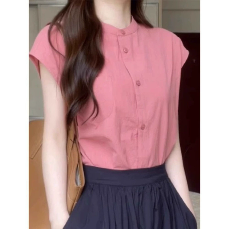 Маленькая розовая летняя рубашка в японском стиле с развевающимися рукавами и уникальным дизайном, модный тонкий розовый топ с короткими рукавами.