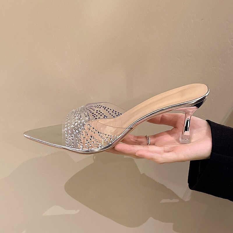 2025 Open-Toe Pointed Toe Rhinestone Transparent Pvc Patent Leather Slip-Ons for Women Sexy Outer Wear Stiletto High-Heeled Women's Slippers