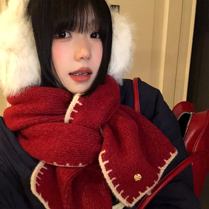 新年红色锁边针织围巾女款2025新款冬季高级感保暖防寒氛围感围脖|undefined