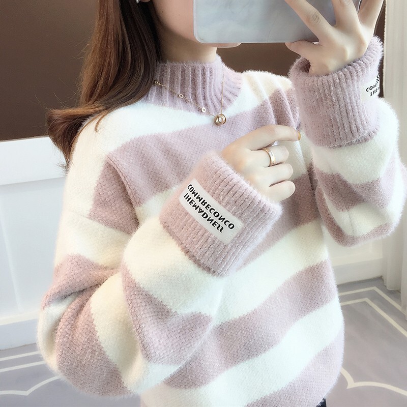 Mink Velvet Sweater Women's Half-High Collar Pullover fleece-lined 24 Autumn and Winter New Student Loose Base Thick Knitted Top Mink Velvet Sweater Women's Half-High Collar Pullover fleece-lined 24 Autumn and Winter New Student Loose Base Thick Knitted Top