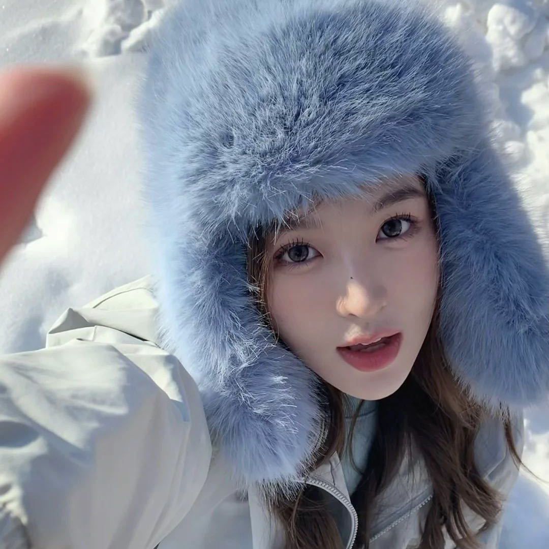 Cappello in pelliccia di visone blu Lei Feng per donna in inverno in pelliccia di peluche per sciare nel nord, cappello di protezione per le orecchie freddo e caldo con pelliccia spessa aggiunta_voghion.com