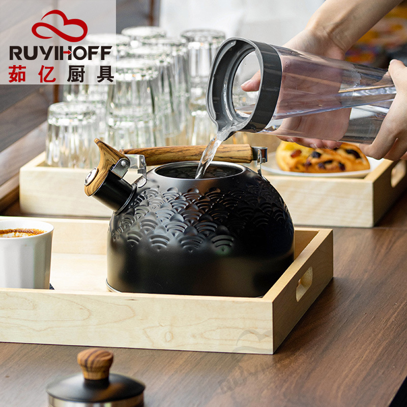 Original de estilo europeo Xiangyun patrón de acero inoxidable hervidor de agua 2.5L negro canto olla transfronteriza silbato creativo hervidor de agua image 6
