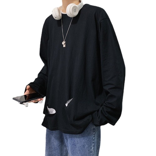 Spring and Autumn Season Ins Long Sleeve T-Shirt Korean Style Men's Trendy Loose Round Neck Student Hole Bottom Shirt BF Top