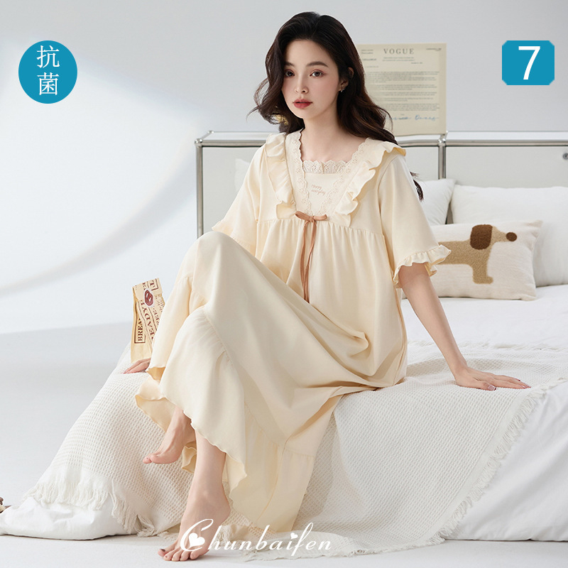 Nightgown Cotton Class A Summer Short-sleeved Women's Summer Summer Home Clothes Pregnant Women's plus size 100.00kg chubby girl Pajamas