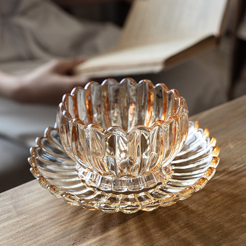 Plato de frutas de vidrio ámbar conjunto de platos de ensalada de frutas caseras mesa de té de salón plato de postres de alto valor