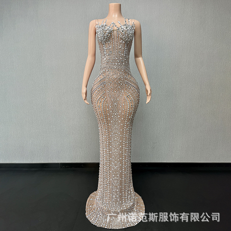 French Elegant Strapless Hot Rings Shining Dinner Dress High-end Heavy Industry Socialite Party Dress Model Show Dress