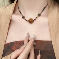 新中国式天然石ペンダントネックレス女性民族風復古花ビーズ鎖骨鎖古風百合装飾潮