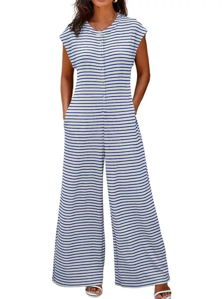New European and American Cross-Border Women's Fashion Amazon Independent Site Hot-Selling Casual Striped Sleeveless Pocket Jumpsuit Wide-Leg Pants