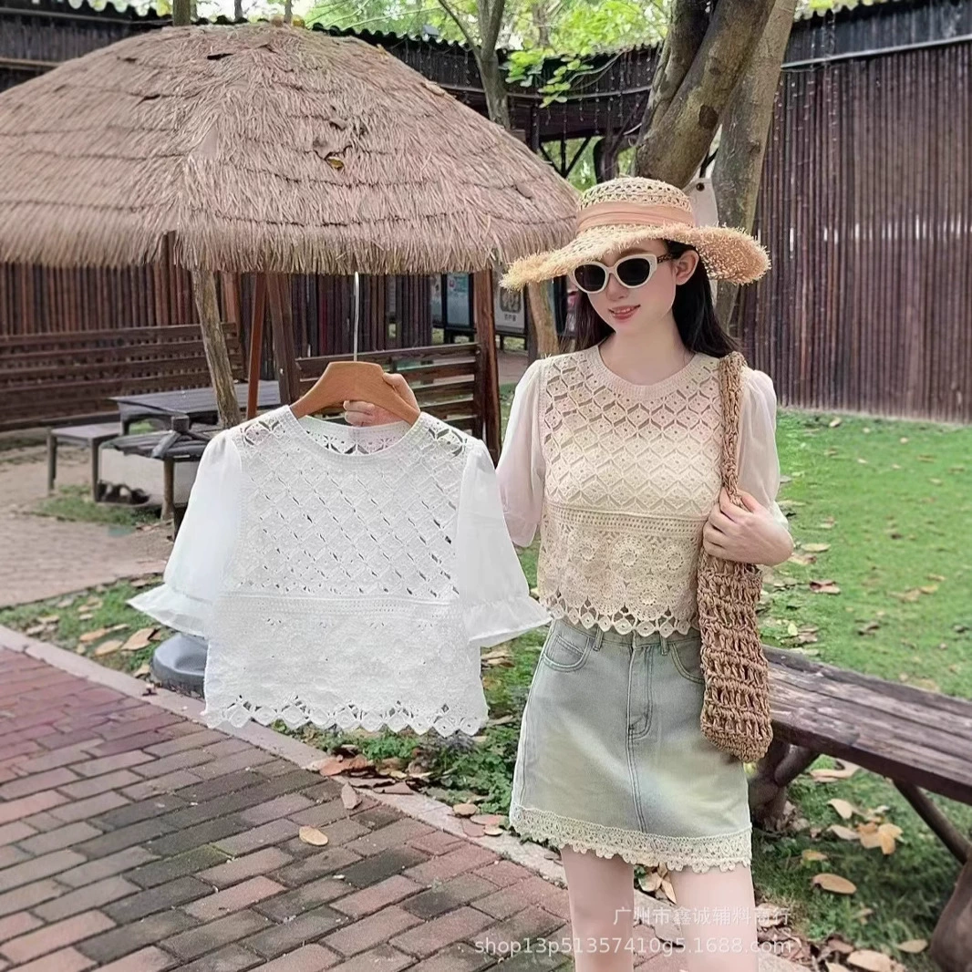 Женская кружевная лоскутная блузка, новая свободная элегантная шифоновая рубашка с французским V-образным вырезом, связанная крючком, весна-лето.