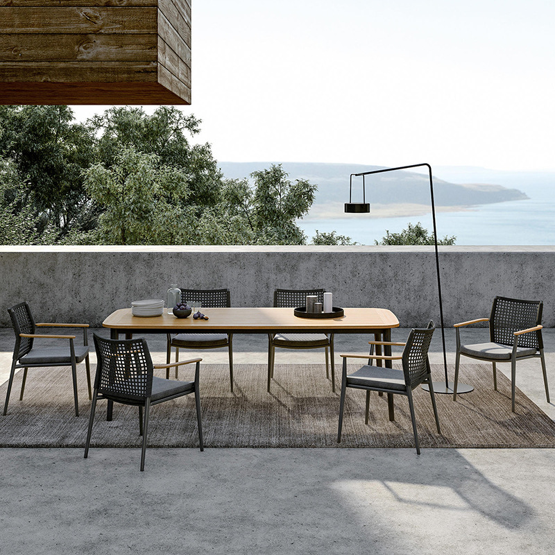 Mesas y sillas de ratán para exteriores, muebles de ocio impermeables y resistentes al sol para patio exterior, conjunto de mesa larga de teca para jardín o balcón de villa