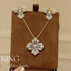 B396 秘密の庭セット S925 シルバー ゴールドメッキ ヘビーレース 四つ葉の花 レトロ ネックレス イヤリング
