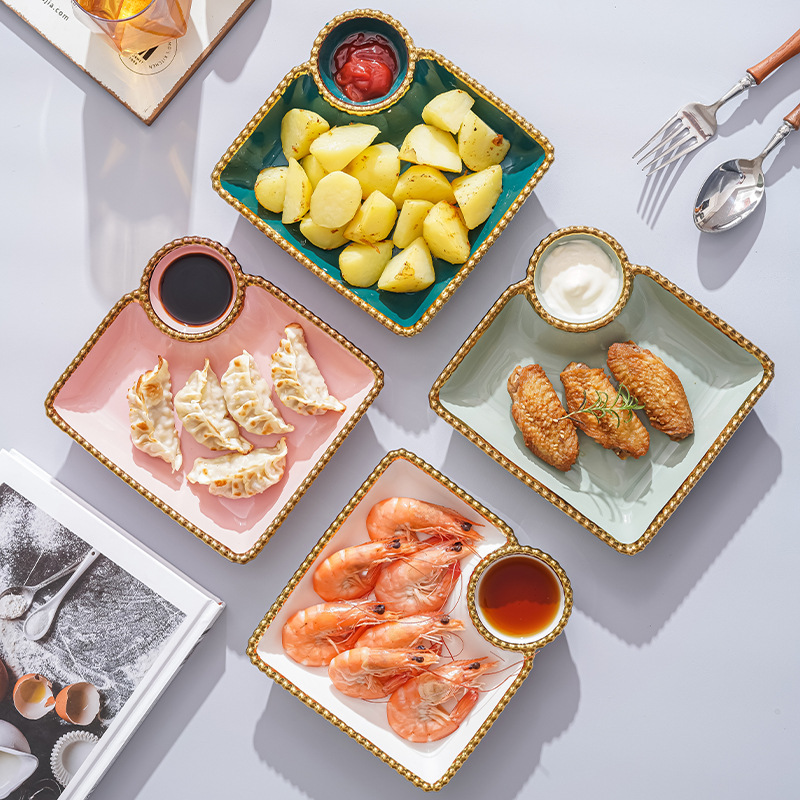Placa de dumpling cuadrada nórdica con plato de inmersión personalizada hogar cerámica neta rojo desayuno plato creativo compartimento francés fritas