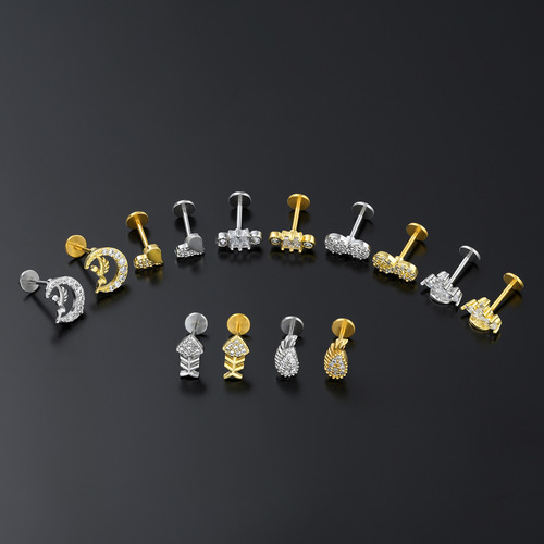 European and American cross-border e-commerce piercing jewelry, flat-bottomed lip nails, exquisite copper-plated gold-plated micro-zirconia geometric ear bone nails
