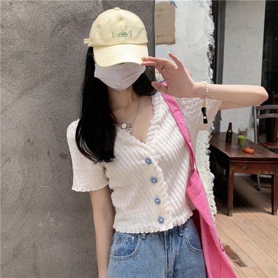 2025 Summer Ear-Hemmed Short Top, Sweet Sexy V Neck Short-Sleeved Knitwear, Thin Knitted Cardigan, Trendy