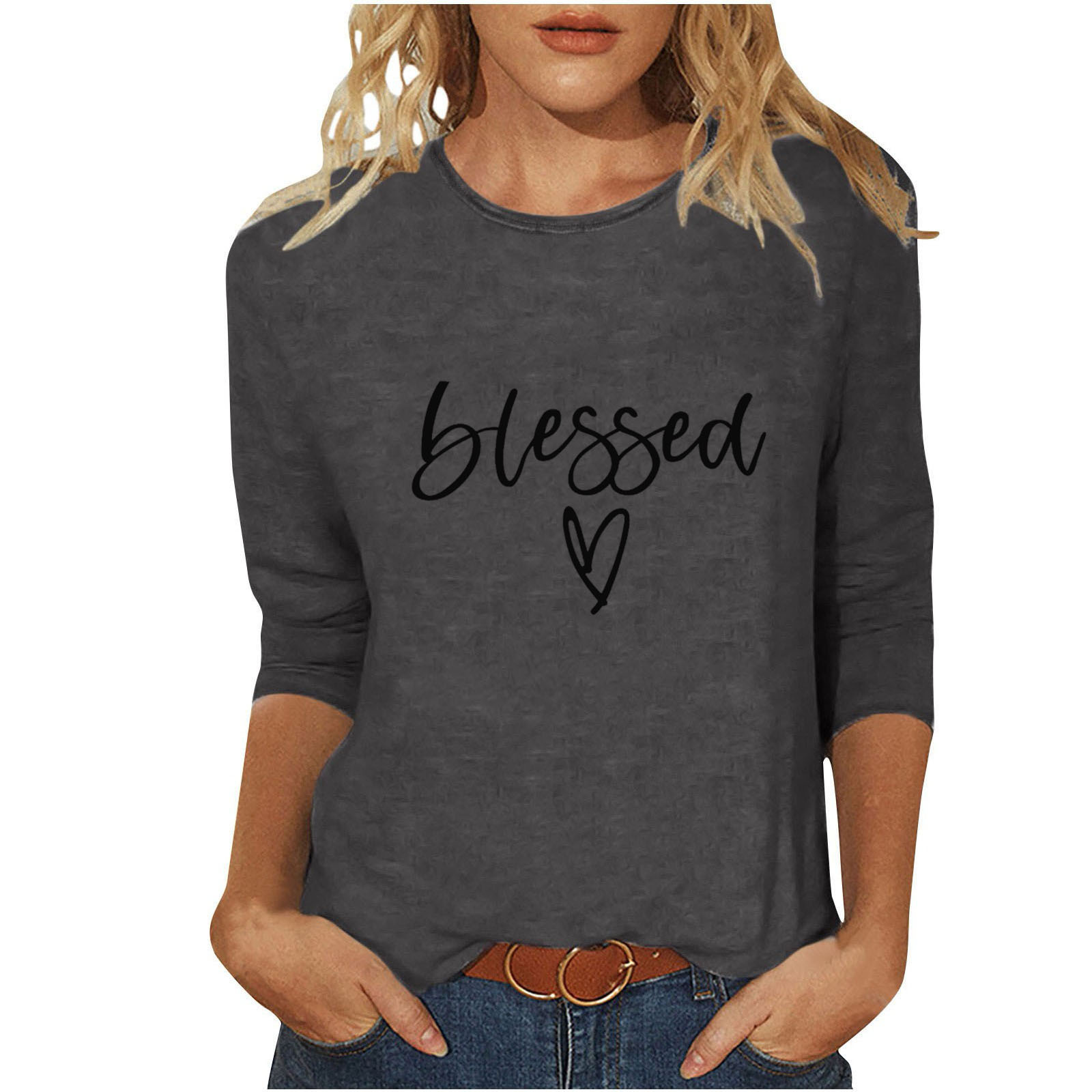 Women's T-shirt 3/4 Length Sleeve T-shirts Casual Basic Letter Heart Shape display picture 33