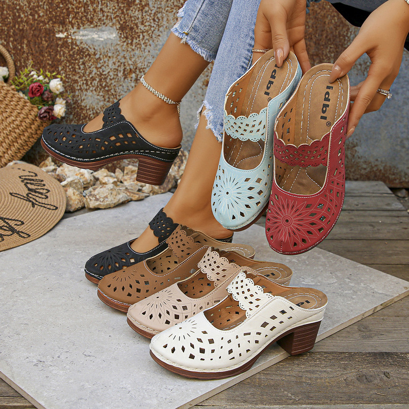Cross-Border Large Size European and American High-Heeled Slippers 2026 Summer New Style Hollow-Out Closed-Toe Chunky Heel Slip-On Sandals for Women