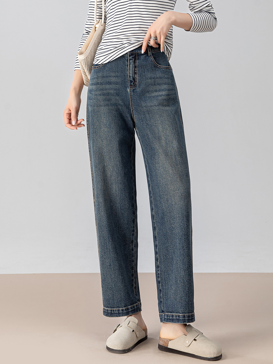 Quần jeans nữ cạp cao ống rộng dáng chuối — màu xanh
