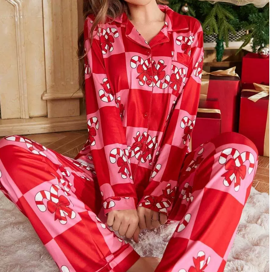 2025跨境欧美睡衣女圣诞节新年卡通两件套套装牛奶丝家居服