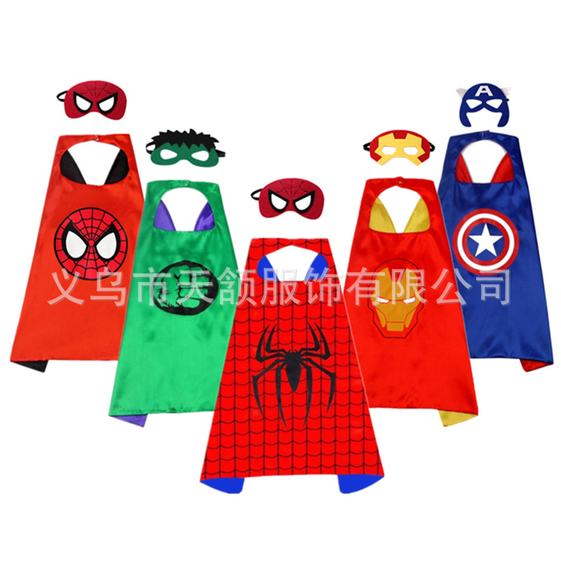 Children's Superhero Cloak Print Spider Mesh Cape Halloween Mask Cosplay Party Dress Up Suit