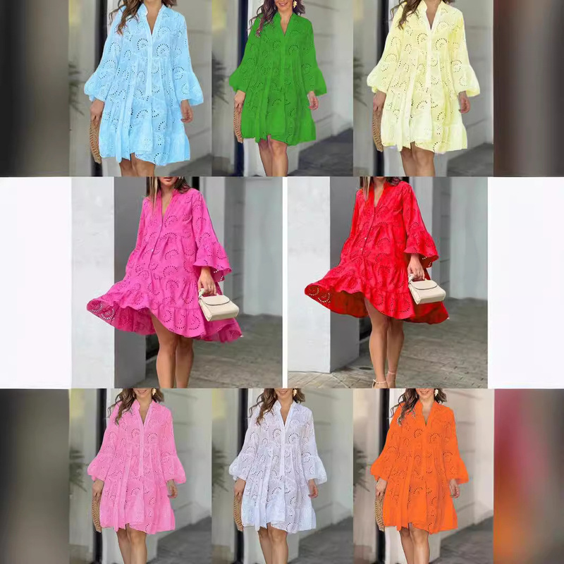 Spot 2025 European and American Cross-Border Spring and Summer Amazon Pure Color V Neck Loose Embroidered Cut Out Lace Dress Spot 2025 European and American Cross-Border Spring and Summer Amazon Pure Color V Neck Loose Embroidered Cut Out Lace Dress