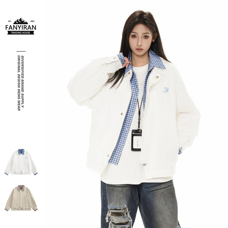 Nepleure American Retro Trendy Brand Loose Lapel Work Jacket Fake Two-Piece Jacket for Men and Women Ck2506 Nepleure American Retro Trendy Brand Loose Lapel Work Jacket Fake Two-Piece Jacket for Men and Women Ck2506