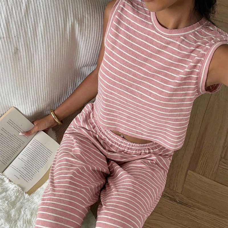 Retro Fine Striped Round Neck Vest Set for Women, Crop Top with Elastic Waist Wide-Leg Pants Casual Two-Piece Set