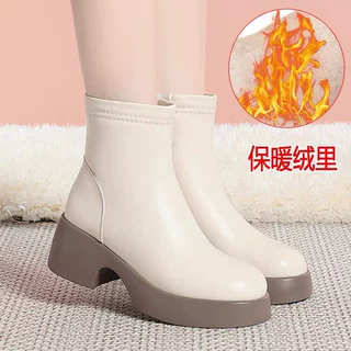 秋冬软皮软底加绒粗跟工作鞋黑色短靴女靴子单靴皮靴皮鞋女鞋棉鞋