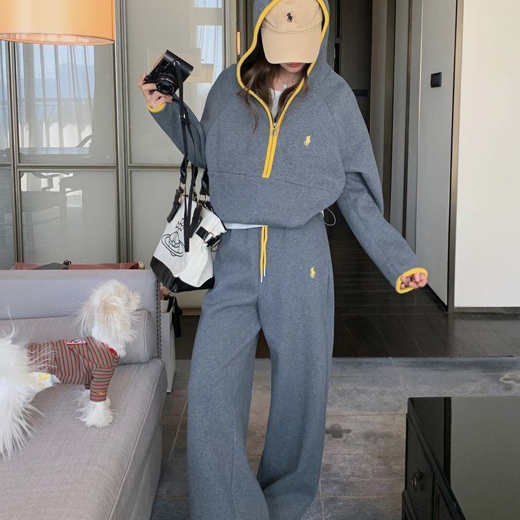 大码灰色运动休闲卫衣套装女秋季超火慵懒风宽松阔腿裤两件套|undefined