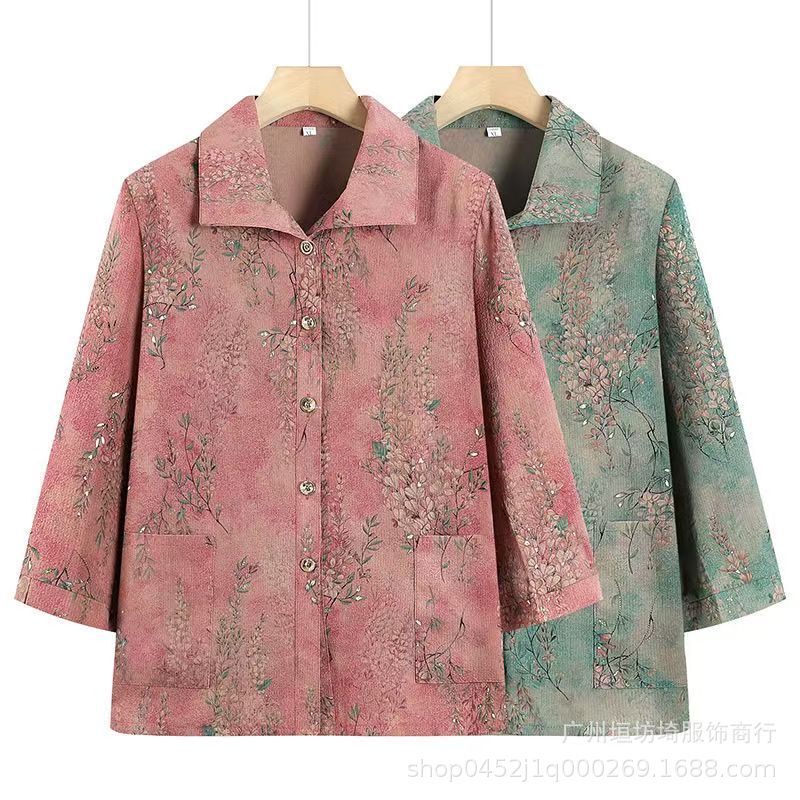 New 65-Year-Old Old Lady Elderly Women's Shirt T-Shirt Spring and Summer Ice Silk Print Large Size Mother's Clothing
