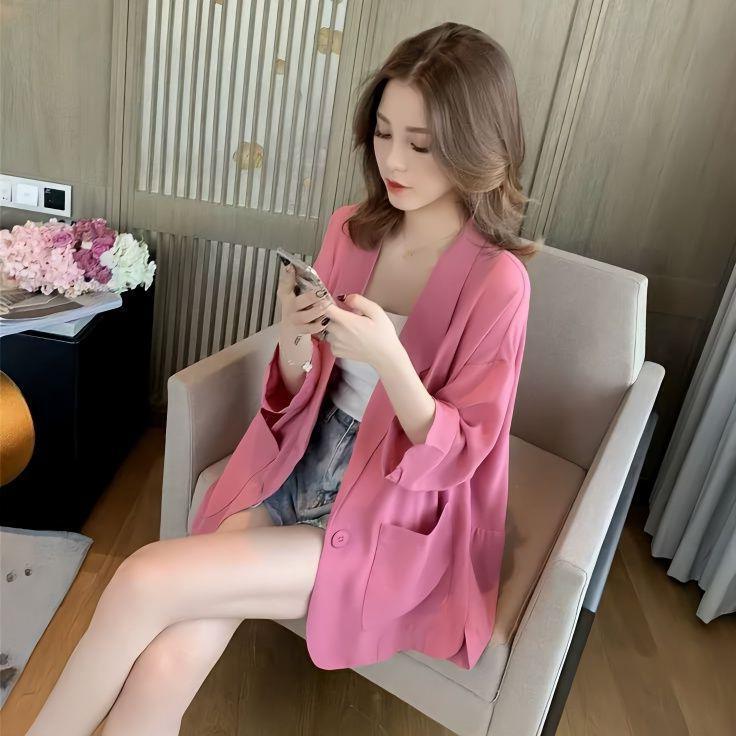 Small Suit Jacket Women's 2024 New Summer Mid-sleeved Korean Style Loose Slimming Casual Goddess Style Trendy Short-sleeved Top