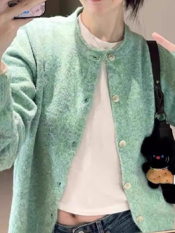 法式气质薄荷绿卷边针织开衫毛衣外套女春秋软糯绿色上衣早秋外搭|undefined