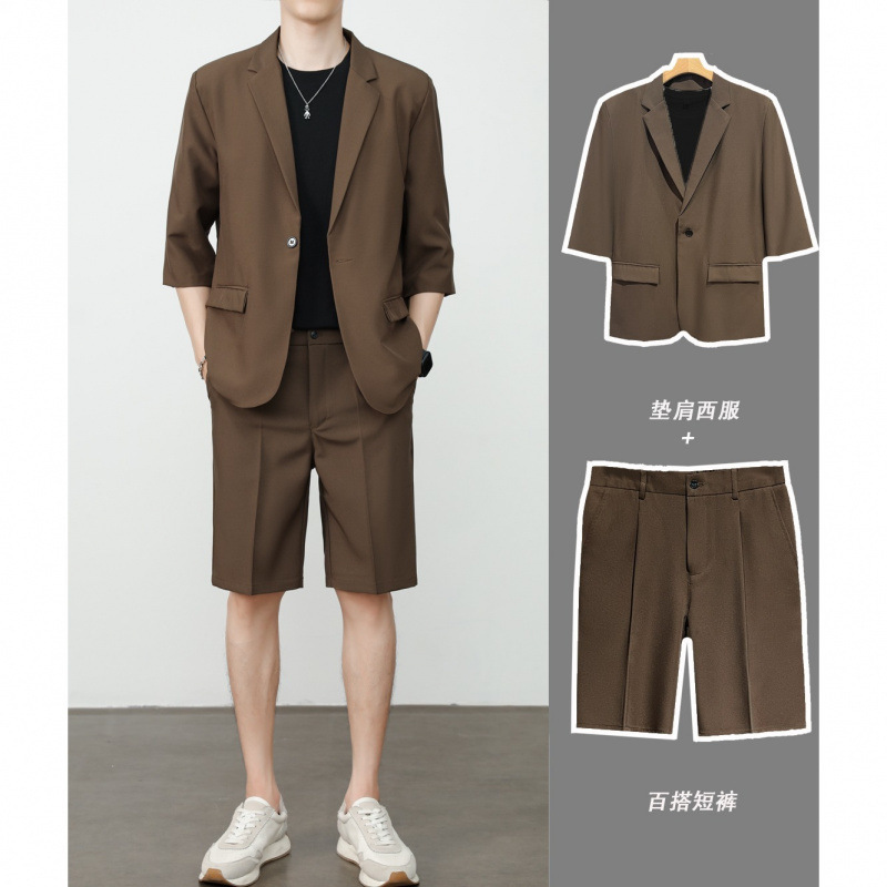 クロスボーダー夏薄手半袖スーツメンズショートパンツカジュアル七分袖ジャケット半袖スーツスーツファッション|undefined
