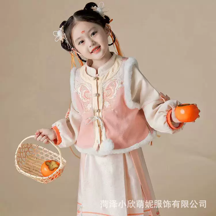 女童汉服拜年套装儿童冬装加绒加厚三件套民族风中国风过年服唐装