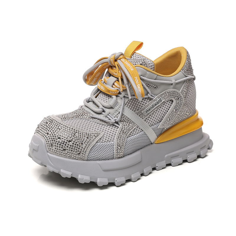 Giày sneaker nữ chunky đế dày lưới phối đá rhinestone — màu trắng