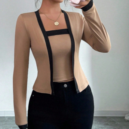 Cross-Border Amazon 2026 New Long-Sleeved Women's Sexy Cardigan with Fake Two-Piece Design, Fashionable Knitwear Cross-Border Amazon 2026 New Long-Sleeved Women's Sexy Cardigan with Fake Two-Piece Design, Fashionable Knitwear