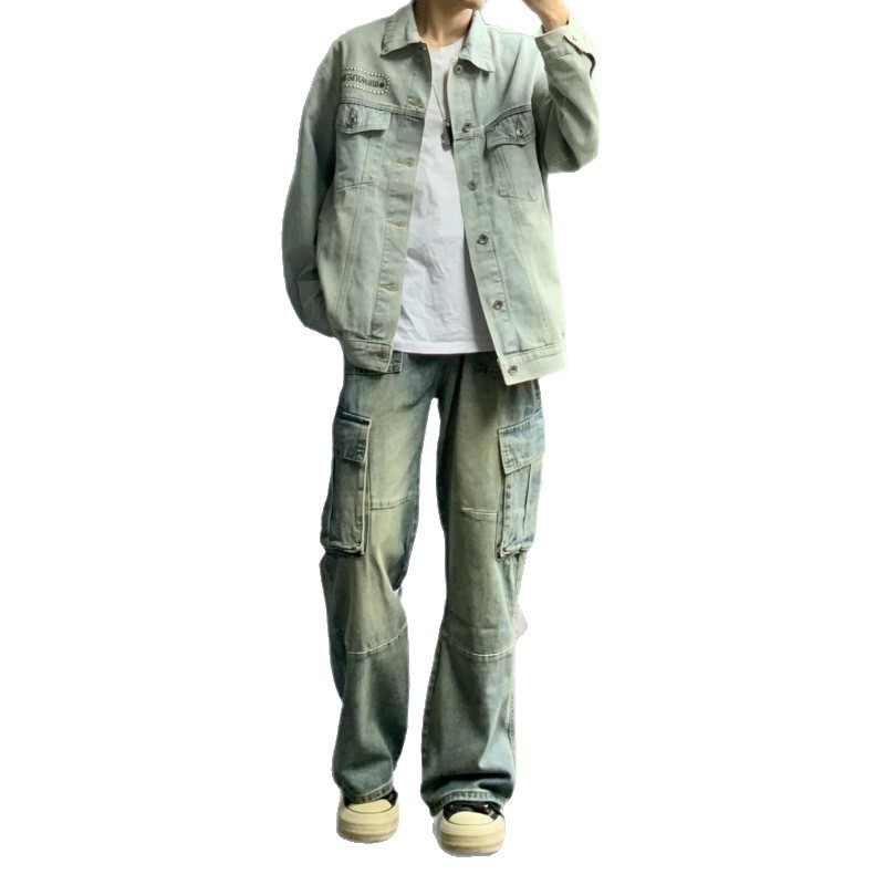 春季街头工装牛仔裤男生宽松多口袋水洗做旧阔腿裤直筒学院风长裤|undefined