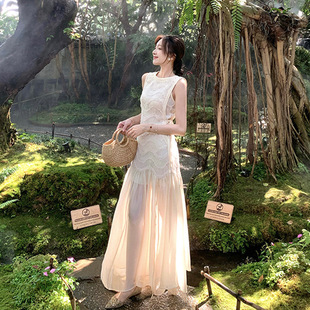 White Sleeveless Waist Long Dress 2025 Summer New French High-end dress Elegant Light Luxury Dress Women's Clothing