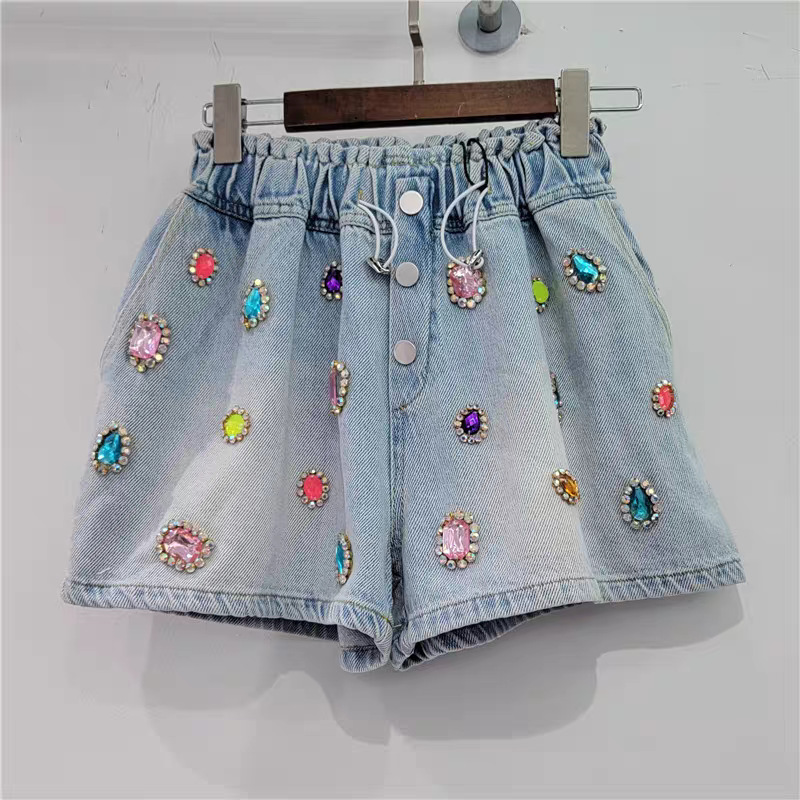 Pantalones Cortos de Mezclilla de Talle Alto y Pierna Ancha, Mezclilla, Cintura Elástica