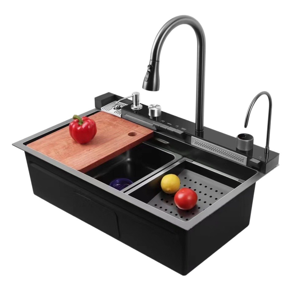 Fregadero de acero inoxidable con pantalla digital tipo piano, diseño grande y multifuncional de cocina doméstica