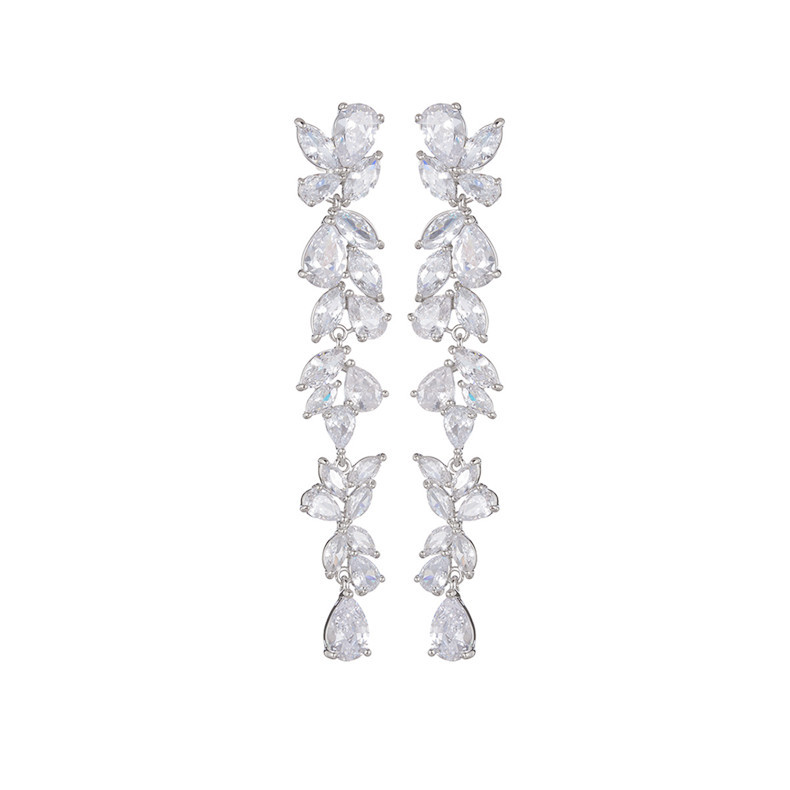 20g Weight Water Plating Gold Plating Process Copper Ear Needle Material 1 Pair Exaggerated Shiny Leaf Water Droplets Plating Inlay Copper Zircon White Gold Plated Drop Earrings