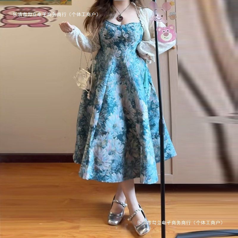 秋季套装女2025新款时尚开衫外套女搭配显瘦碎花吊带连衣裙两件套|undefined