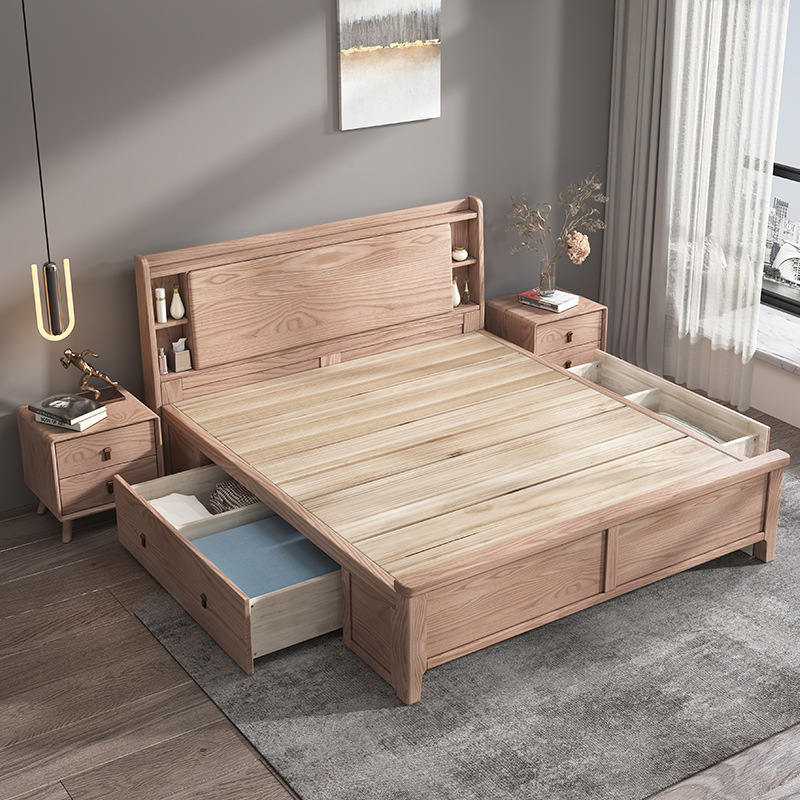 Cama de madera maciza 1,8 m doble dormitorio principal cama nórdico moderno simple 1,5 cama individual cera blanca cama de almacenamiento en el hogar