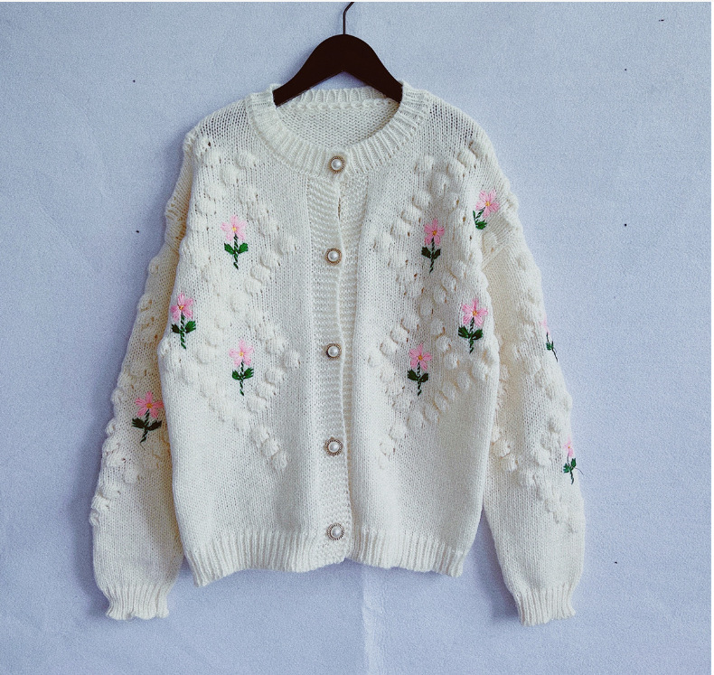 Europeo y americano transfronterizo Amazon otoño e invierno nuevo bordado de ganchillo hecho a mano torcedura perla hebilla suéter de punto cardigan abrigo