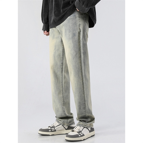 Spring American Retro Washed Distressed Yellow Clay Dye Denim Long Pants for Men Trendy Wide Leg High Street Straight Leg Loose Casual Pants