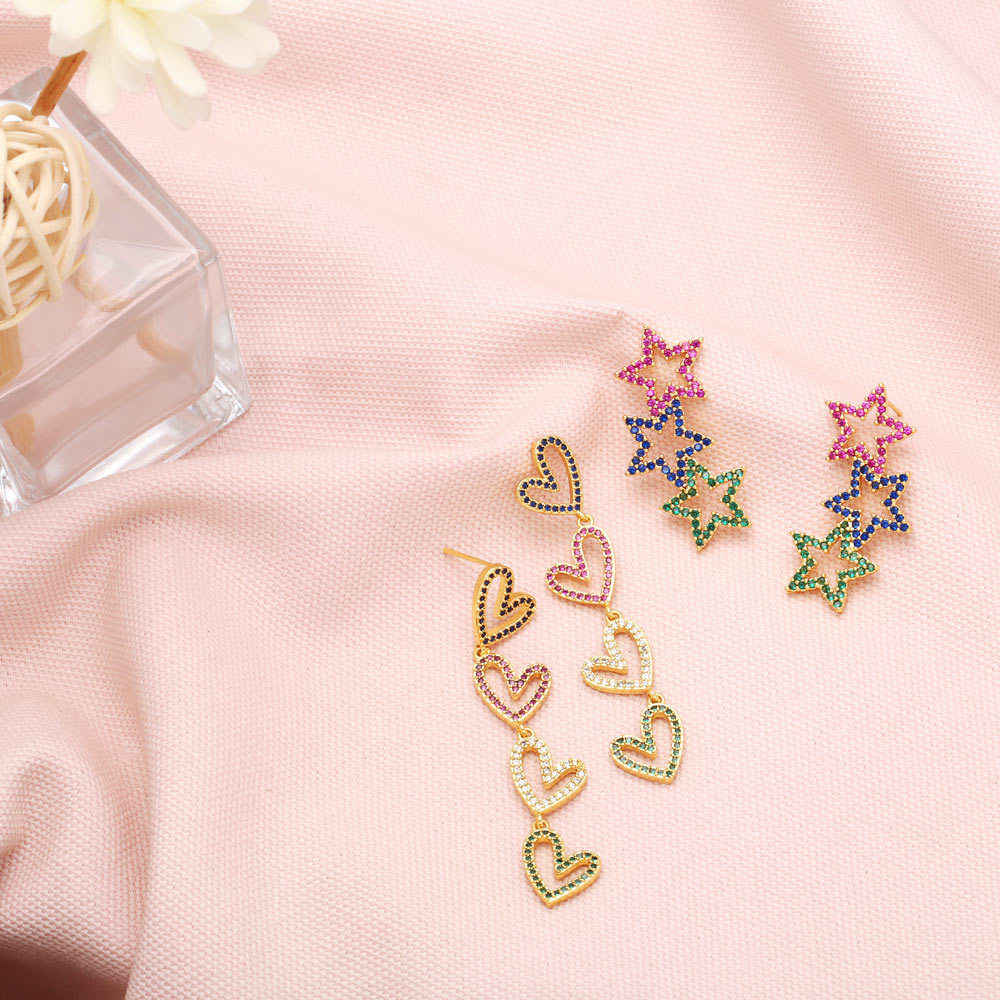 Fashion Color Zircon Heart Pentagram Tassel Copper Earrings display picture 4