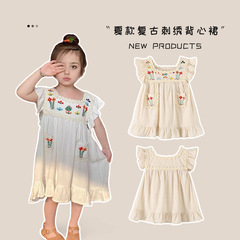 女童連衣裙2024韓版夏季新款復古刺繡背心裙小女孩飛袖童裝外貿