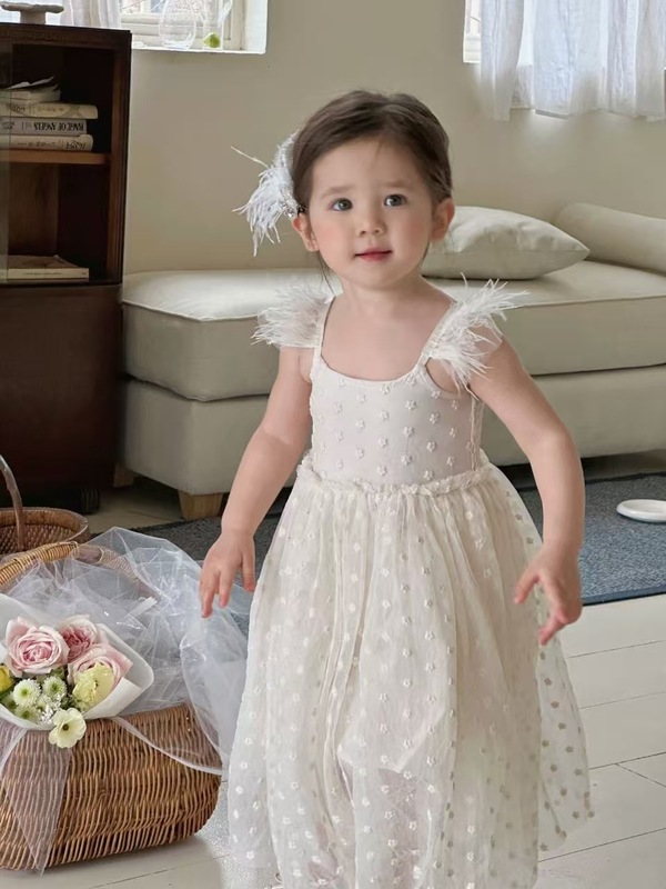 女童纱裙连衣裙2025夏季女宝吊带背心裙童装公主裙网纱羽毛裙裙摆|undefined
