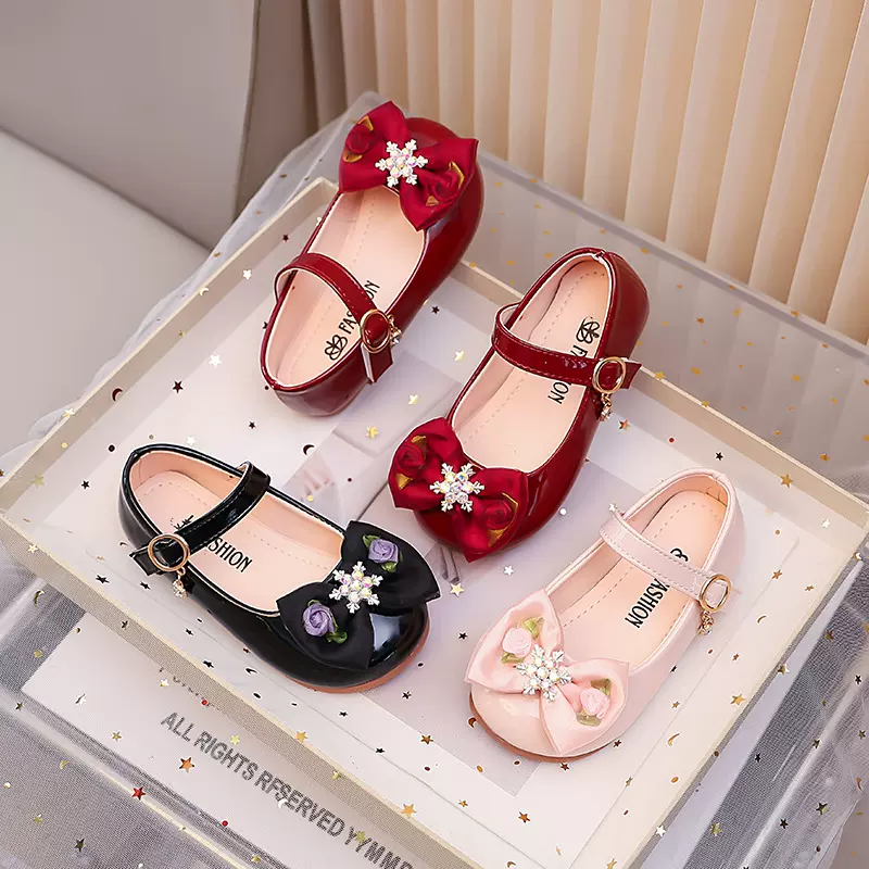 童鞋女童小皮鞋公主鞋春秋新款时尚软底防滑儿童搭扣蝴蝶结女孩